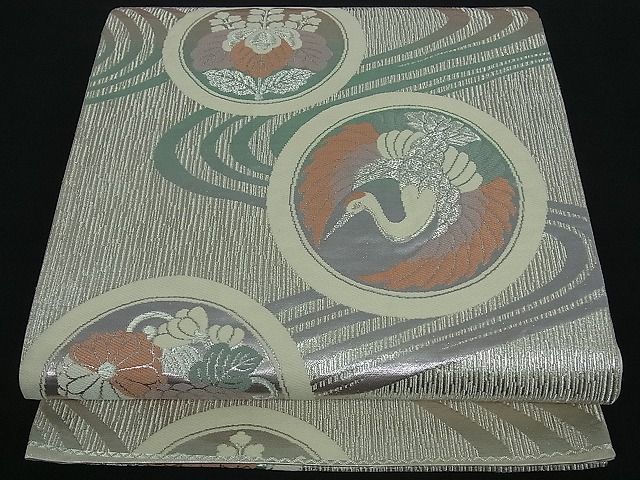 平和屋着物■六通柄袋帯 流水飛鶴花丸文 銀糸 逸品 by0923CC2