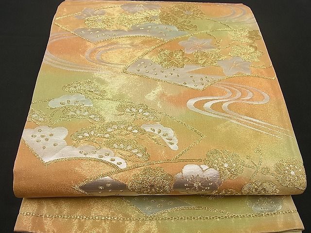 平和屋着物■六通柄袋帯 流水地紙松梅文 金銀糸 逸品 n-by2335