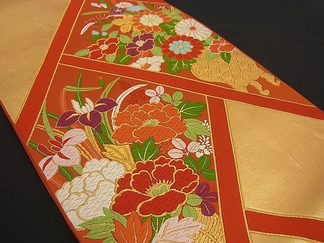 平和屋着物■六通柄袋帯 檜垣草花文 金糸 逸品 n-by2761
