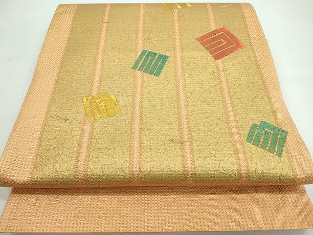 平和屋着物◎六通太鼓柄袋帯 刺繍 市松吉祥文 金通し地 逸品 CAAI0767yk