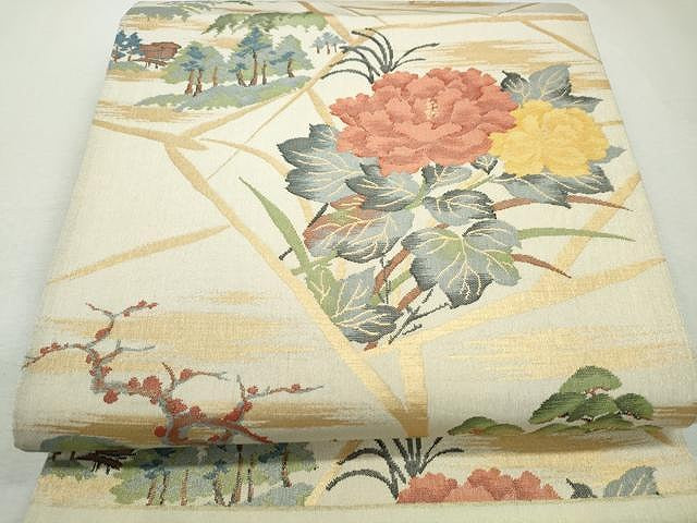 平和屋着物◎六通柄袋帯 風景枝花文 金糸 正絹 逸品 CAAI0799yk