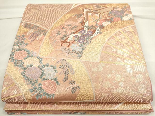 平和屋着物◎六通柄袋帯 扇面御所車草花文 金糸 正絹 逸品 CAAI6186ou