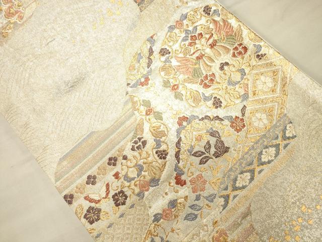 平和屋着物●六通柄袋帯 唐織 流水向かい鳥花文 金銀糸 正絹 逸品 CAAJ0927eg
