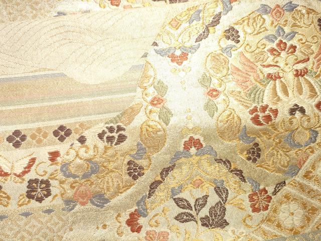 平和屋着物●六通柄袋帯 唐織 流水向かい鳥花文 金銀糸 正絹 逸品 CAAJ0927eg