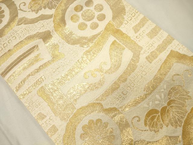 平和屋着物●六通柄袋帯 花絵皿文 金糸 正絹 逸品 CAAJ1516eg