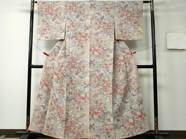 平和屋着物■上質な小紋 草花鳥文 金彩 鬼しぼ縮緬 正絹 逸品 CAAK1219vf