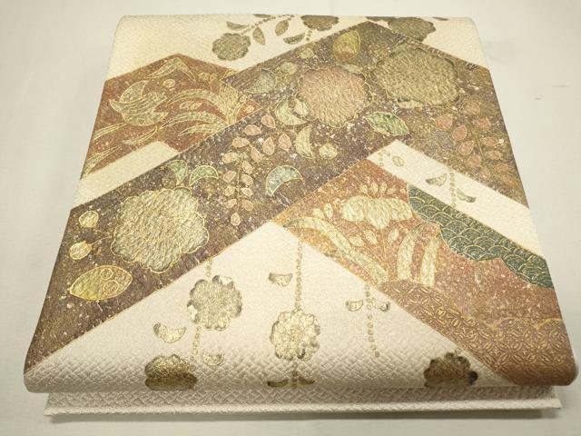 平和屋着物■太鼓柄袋帯 花鳥文 銀通し地 正絹 逸品 CAAK9112th