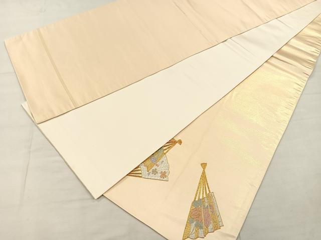 平和屋着物◎太鼓柄袋帯 総刺繍 駒刺繍 扇面草花文 金糸 正絹 逸品 CAAL2439ua