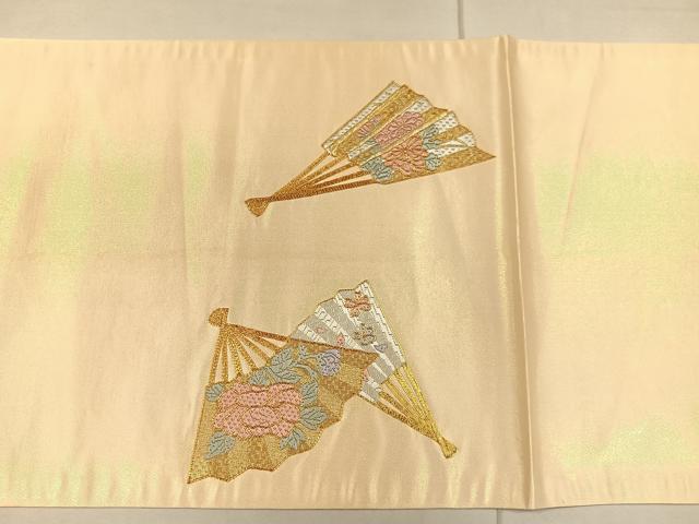 平和屋着物◎太鼓柄袋帯 総刺繍 駒刺繍 扇面草花文 金糸 正絹 逸品 CAAL2439ua