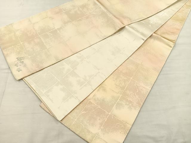 平和屋着物◎全通柄袋帯 市松霞文 ワンポイント 菊 銀糸 正絹 逸品 CAAL2442ua