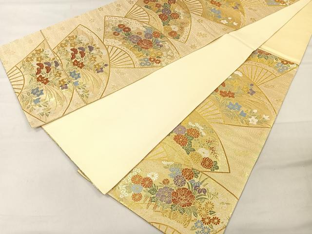 平和屋着物◎六通柄袋帯 扇面草花文 金糸 正絹 逸品 CAAL2544ua