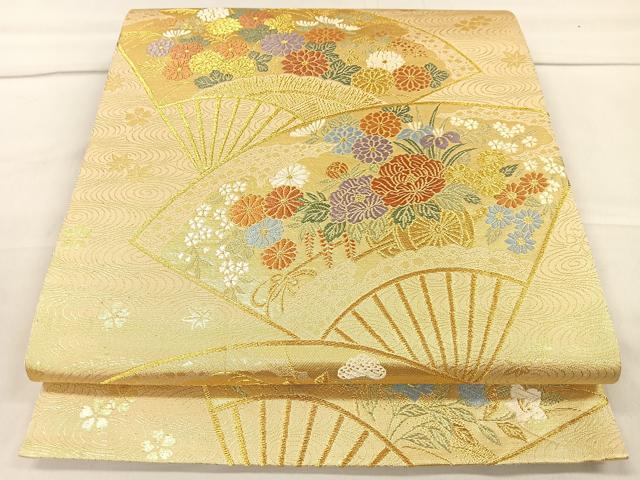 平和屋着物◎六通柄袋帯 扇面草花文 金糸 正絹 逸品 CAAL2544ua