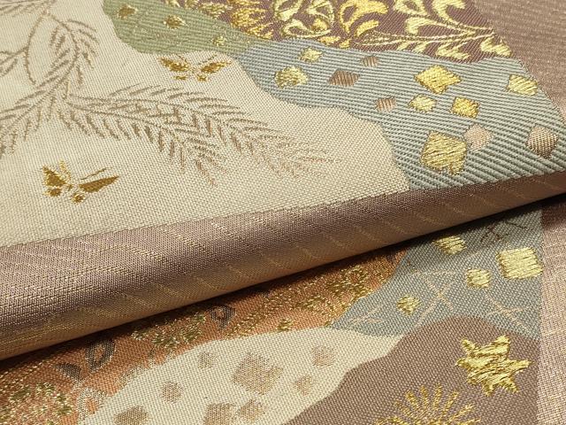 平和屋着物■六通柄袋帯 色紙花鳥文 金糸 正絹 逸品 CAAL3048in