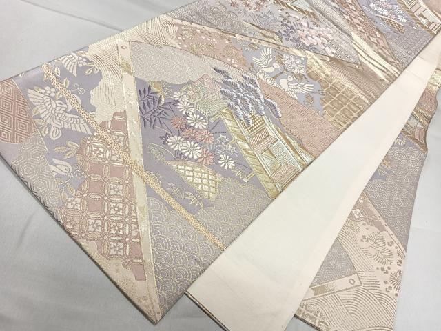 平和屋着物◎六通柄袋帯 落中扇面絵図 金糸 正絹 逸品 CAAL5619kb