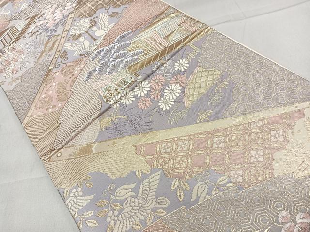 平和屋着物◎六通柄袋帯 落中扇面絵図 金糸 正絹 逸品 CAAL5619kb