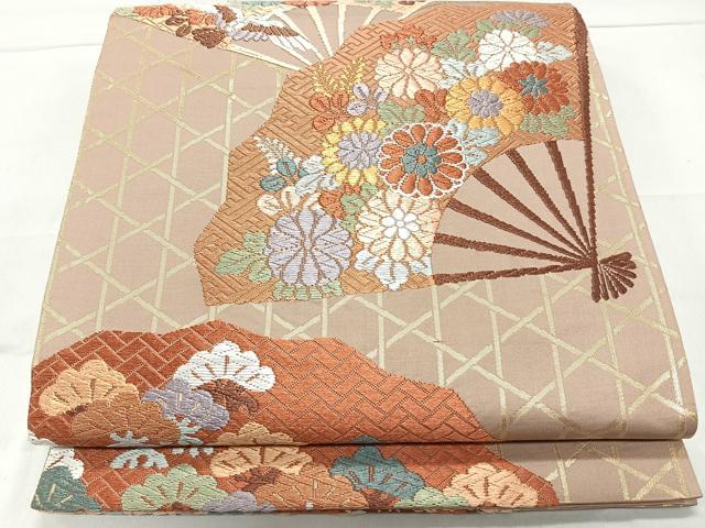 平和屋着物◎六通柄袋帯 扇面花鳥文 金糸 正絹 逸品 CAAL5626kb