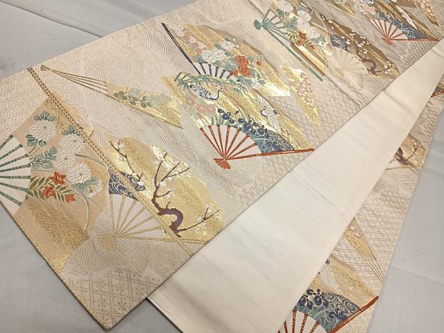 平和屋着物◎六通柄袋帯 扇面飛鶴草花文 金糸 正絹 逸品 CAAL5645kb