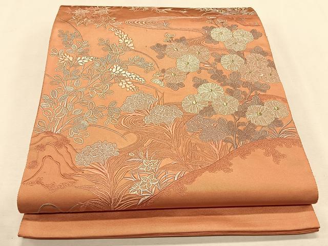 平和屋着物◎太鼓柄袋帯 刺繍 流水草花文 銀糸 引箔 正絹 逸品 CAAL5918kb