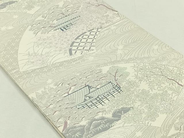 平和屋着物◎六通柄袋帯 地紙風景草花文 銀糸 正絹 逸品 CAAL6496qv