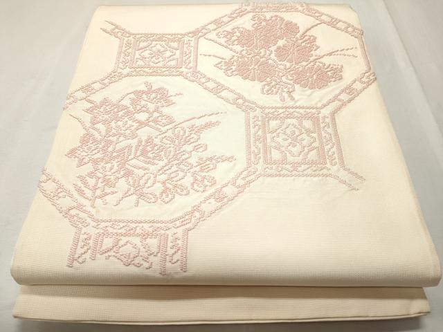 平和屋着物■太鼓柄袋帯 総刺繍 吉祥花文 正絹 逸品 CAAO0946ch