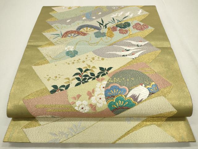 平和屋着物■六通柄袋帯 唐織 短冊花鳥文 金糸 正絹 逸品 CAAO1197in