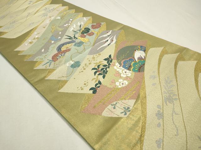 平和屋着物■六通柄袋帯 唐織 短冊花鳥文 金糸 正絹 逸品 CAAO1197in