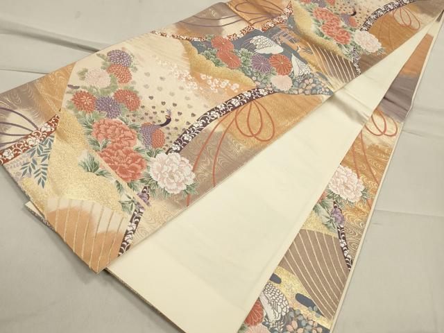 平和屋着物◎六通柄袋帯 唐織 舞扇雲取り孔雀文 金糸 引箔 正絹 逸品 CAAO4272qe