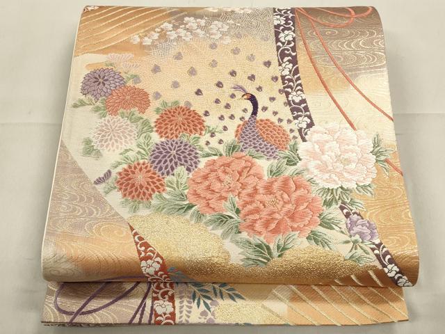 平和屋着物◎六通柄袋帯 唐織 舞扇雲取り孔雀文 金糸 引箔 正絹 逸品 CAAO4272qe