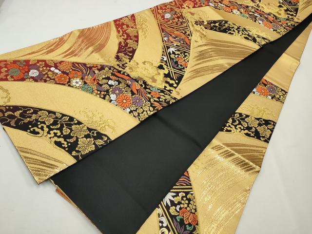 平和屋着物◎六通柄袋帯 煌金緞子 飛鶴吉祥花文 金糸 引箔 正絹 逸品 CAAO4462qe