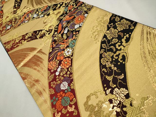平和屋着物◎六通柄袋帯 煌金緞子 飛鶴吉祥花文 金糸 引箔 正絹 逸品 CAAO4462qe