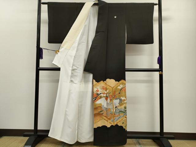 平和屋着物■豪華黒留袖 駒刺繍 屏風松竹梅鶴文 金彩 正絹 逸品 CAAO6649dy