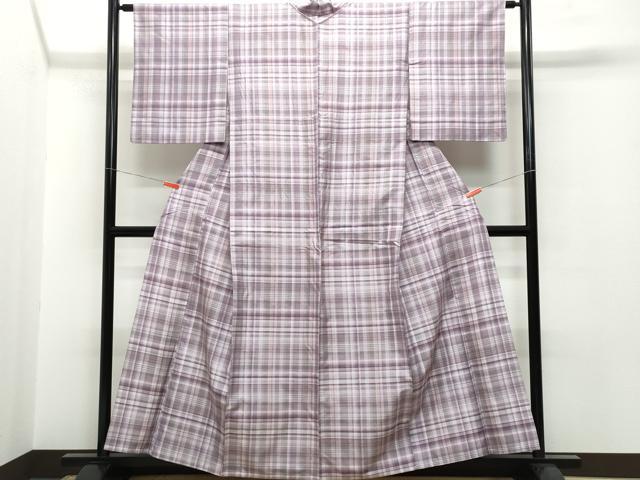 平和屋着物▽上質な紬 単衣 格子柄 正絹 逸品 CAAP4389vf