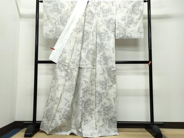 平和屋着物▽本場大島紬 単衣 白大島 120亀甲 風景草花文 正絹 逸品 CAAP4400vf
