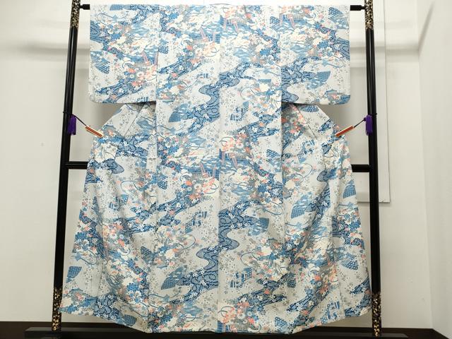 平和屋着物▽上質な小紋 単衣 道長地紙花籠文 正絹 逸品 CAAP5536ut