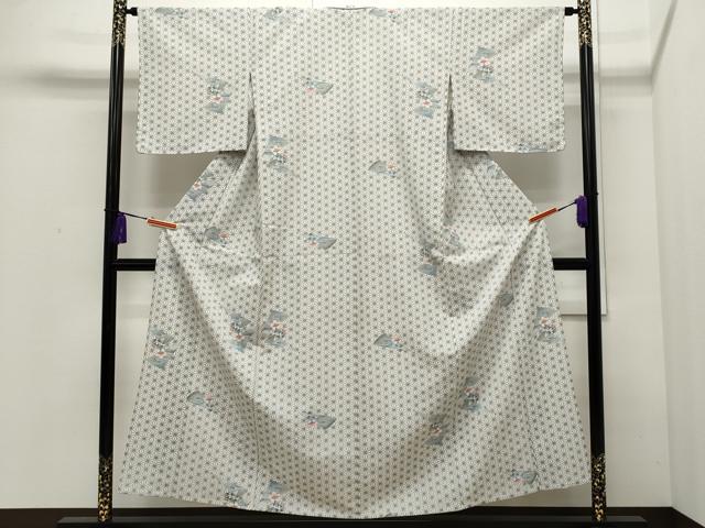 平和屋着物▽小紋 単衣 麻の葉扇面花文 洗える着物 CAAP5545ut