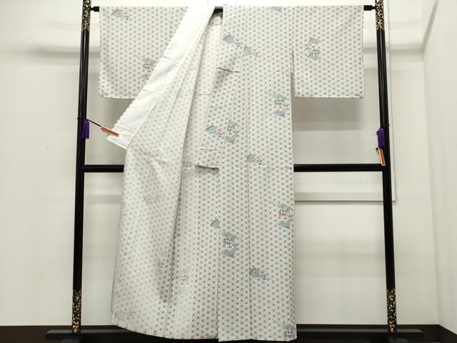 平和屋着物▽小紋 単衣 麻の葉扇面花文 洗える着物 CAAP5545ut