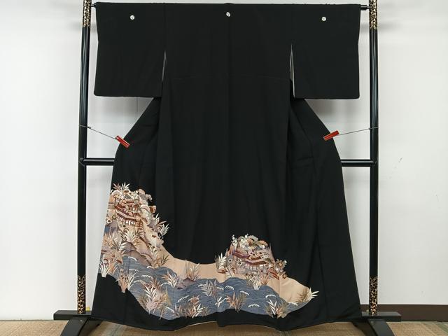 平和屋着物■豪華黒留袖 駒刺繍 水辺風景文 金彩 正絹 逸品 CAAP5640kb