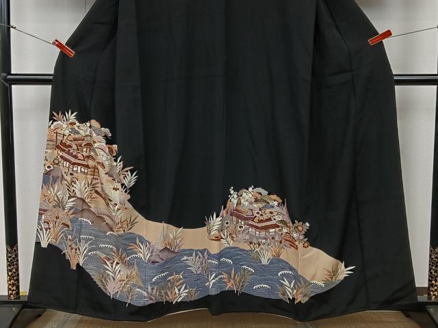 平和屋着物■豪華黒留袖 駒刺繍 水辺風景文 金彩 正絹 逸品 CAAP5640kb