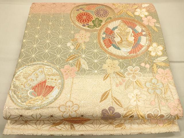 平和屋着物◎六通柄袋帯 花蝶丸文 鶴 金糸 正絹 逸品 CAAP8288ft
