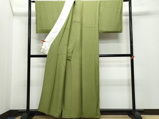 平和屋着物▽上質な色無地 単衣 飛鳥花地紋 海松色 正絹 逸品 CAAQ0017vf