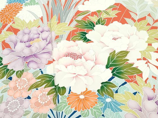 平和屋着物▽訪問着 単衣 刺繍 扇面草花文 正絹 逸品 CAAQ0018vf