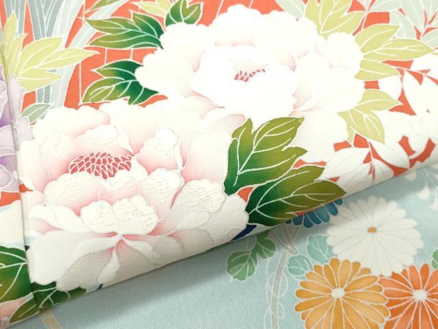平和屋着物▽訪問着 単衣 刺繍 扇面草花文 正絹 逸品 CAAQ0018vf