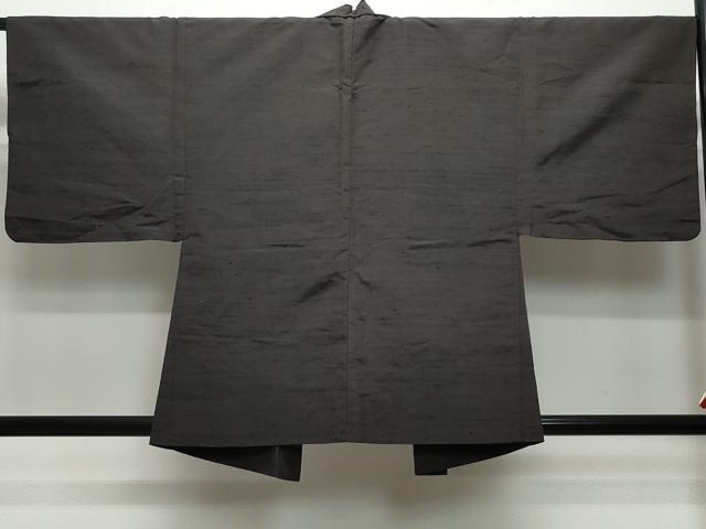 平和屋着物▽男性 紬 単衣 アンサンブル 色無地 鉄黒色 正絹 逸品 CAAQ0051vf