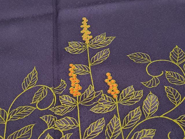 平和屋着物▽訪問着 単衣 刺繍 南天唐草文 正絹 逸品 CAAQ0057vf