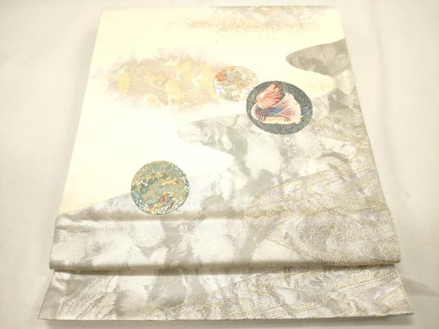 平和屋着物▽太鼓柄袋帯　スリーシーズン帯　春　夏　秋　すくい織　抽象文様　金糸　正絹　逸品　未使用　DAAU5670ps 平和屋着物＊夏物 太鼓柄袋帯 唐織 薄 金銀糸 正絹 逸品 未使用