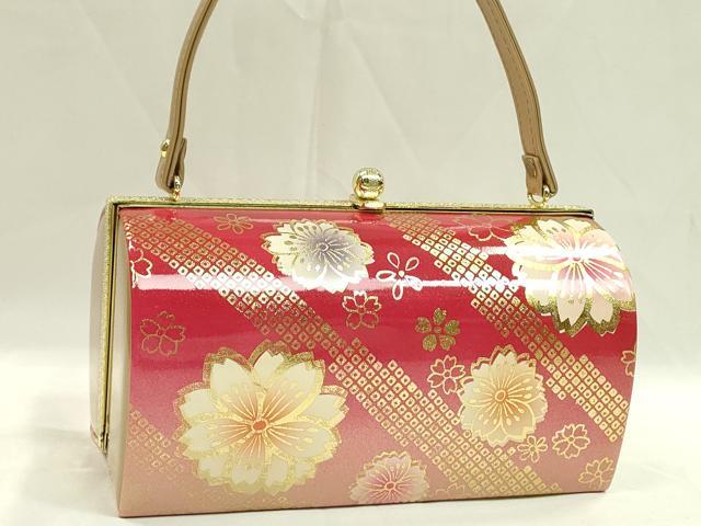平和屋着物●和装小物 和装バッグ ハンドバッグ 桜鹿の子斜線文 エナメル 金彩 振袖 逸品 未使用 CAAQ8077ju