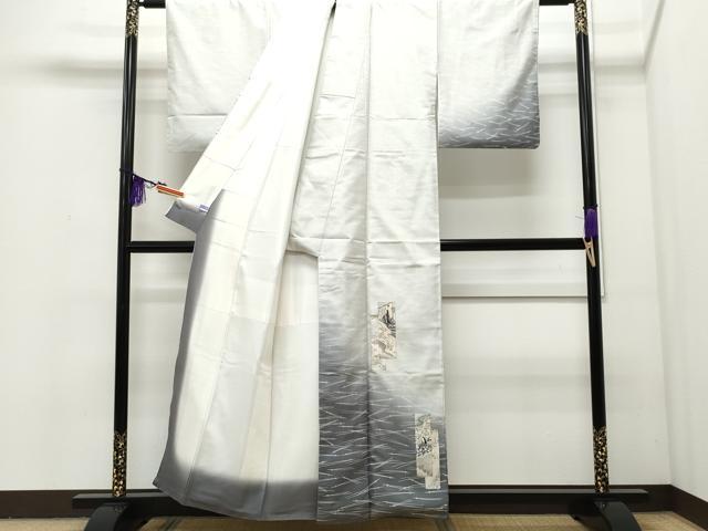 平和屋着物●訪問着 紬地 短冊人物花文 溢れ松葉文 正絹 逸品 CAAQ9081vf