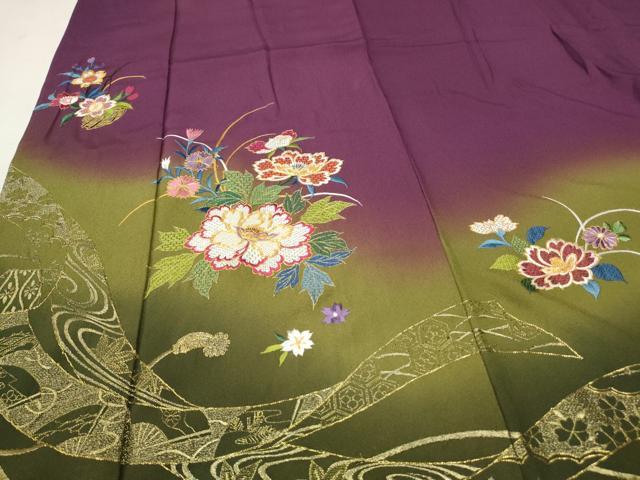 平和屋着物●豪華振袖 総刺繍 草花文 暈し染め 金糸 正絹 逸品 CAAQ9480th