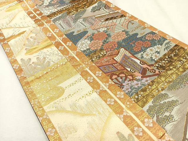 平和屋着物◎六通柄袋帯 屏風風景花文 金糸 正絹 逸品 CAAR1688nb