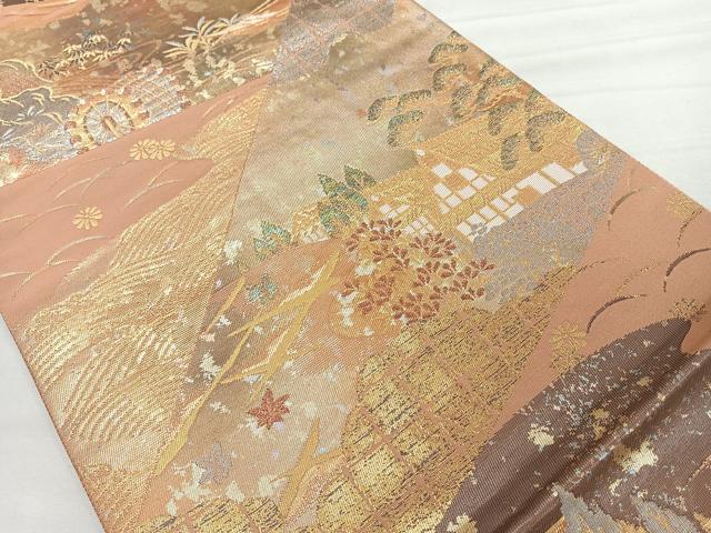 平和屋着物◎六通柄袋帯 裂取り風景文 金銀糸 引箔 正絹 逸品 CAAR1705nb